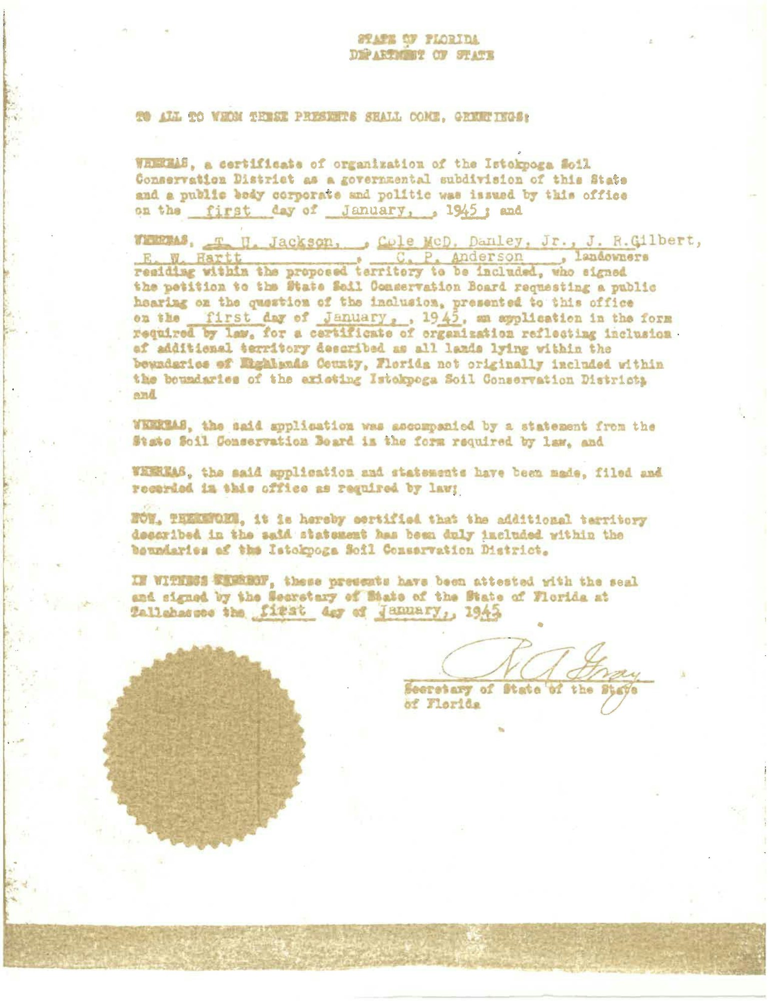 Historic document from Florida's Department of State regarding Istokpoga Soil Conservation District's organization, dated January 1945.