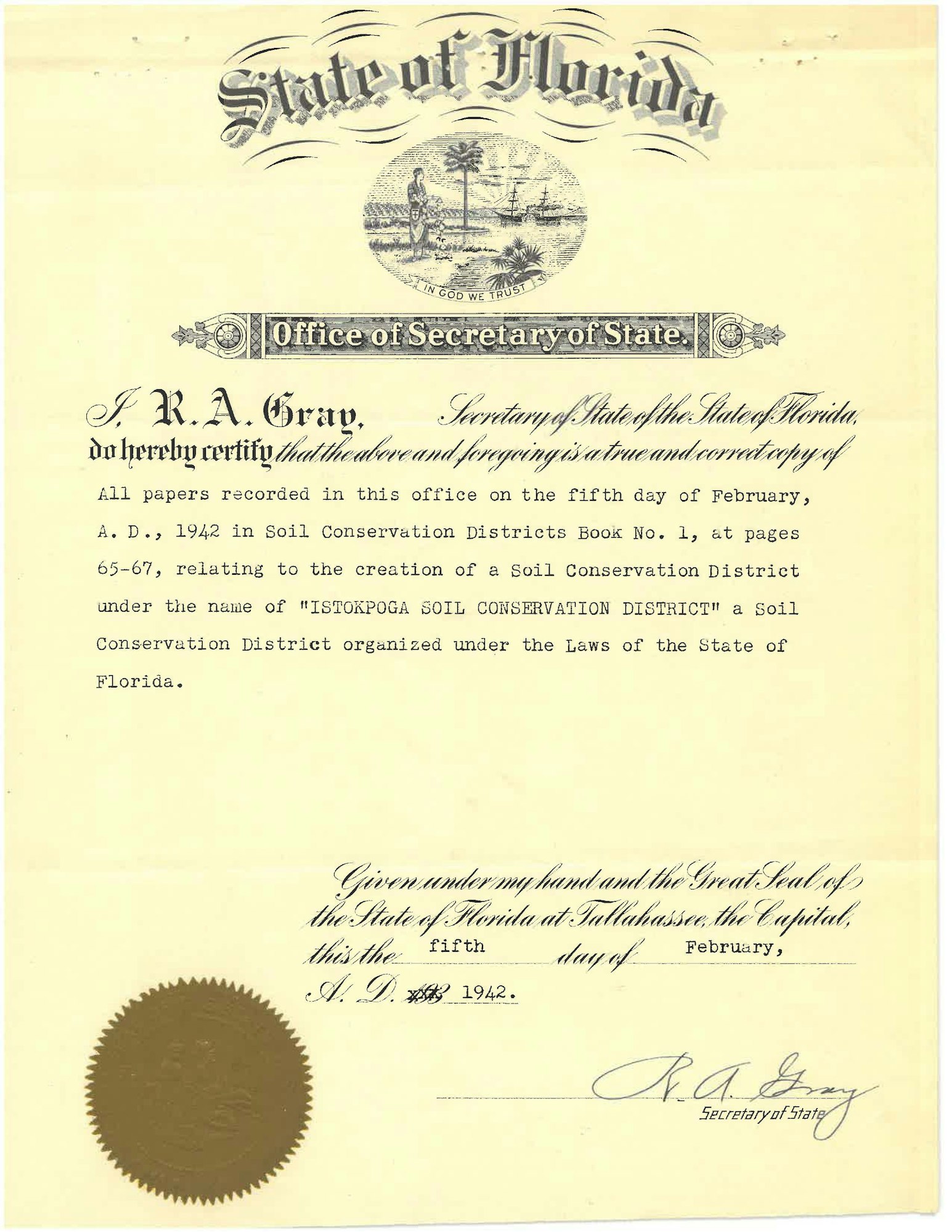 An official document from the Florida Secretary of State's office regarding the creation of a soil conservation district in 1942.