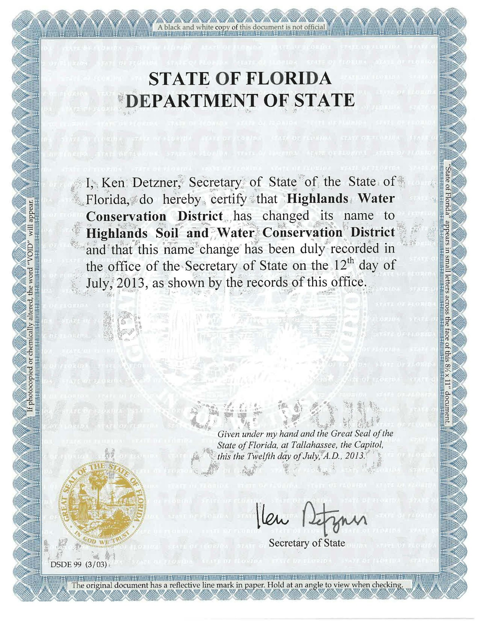 An official Florida document certifying a name change for a conservation district, dated July 2013.