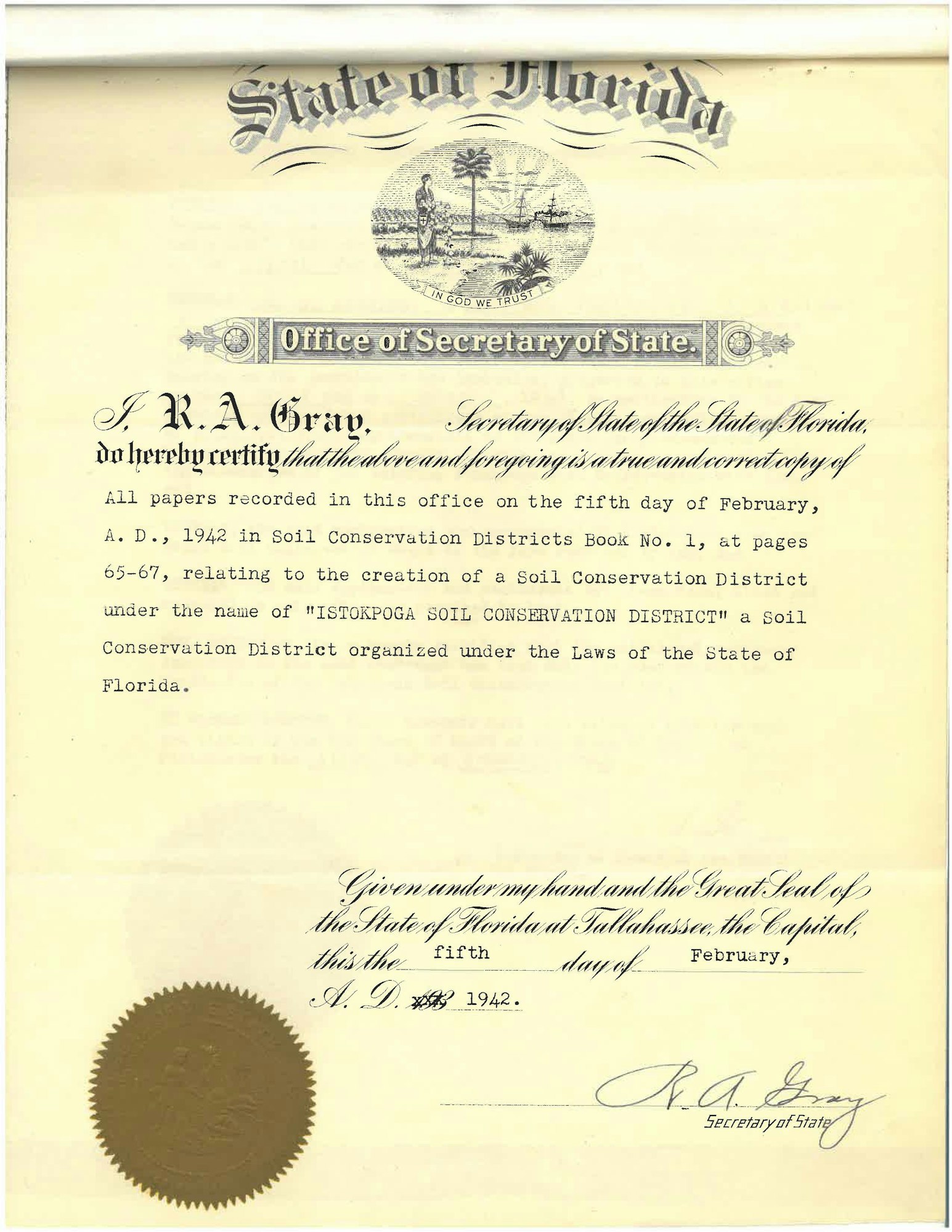 Historical document from the "State of Florida, Office of Secretary of State," referencing soil conservation, dated 1942.