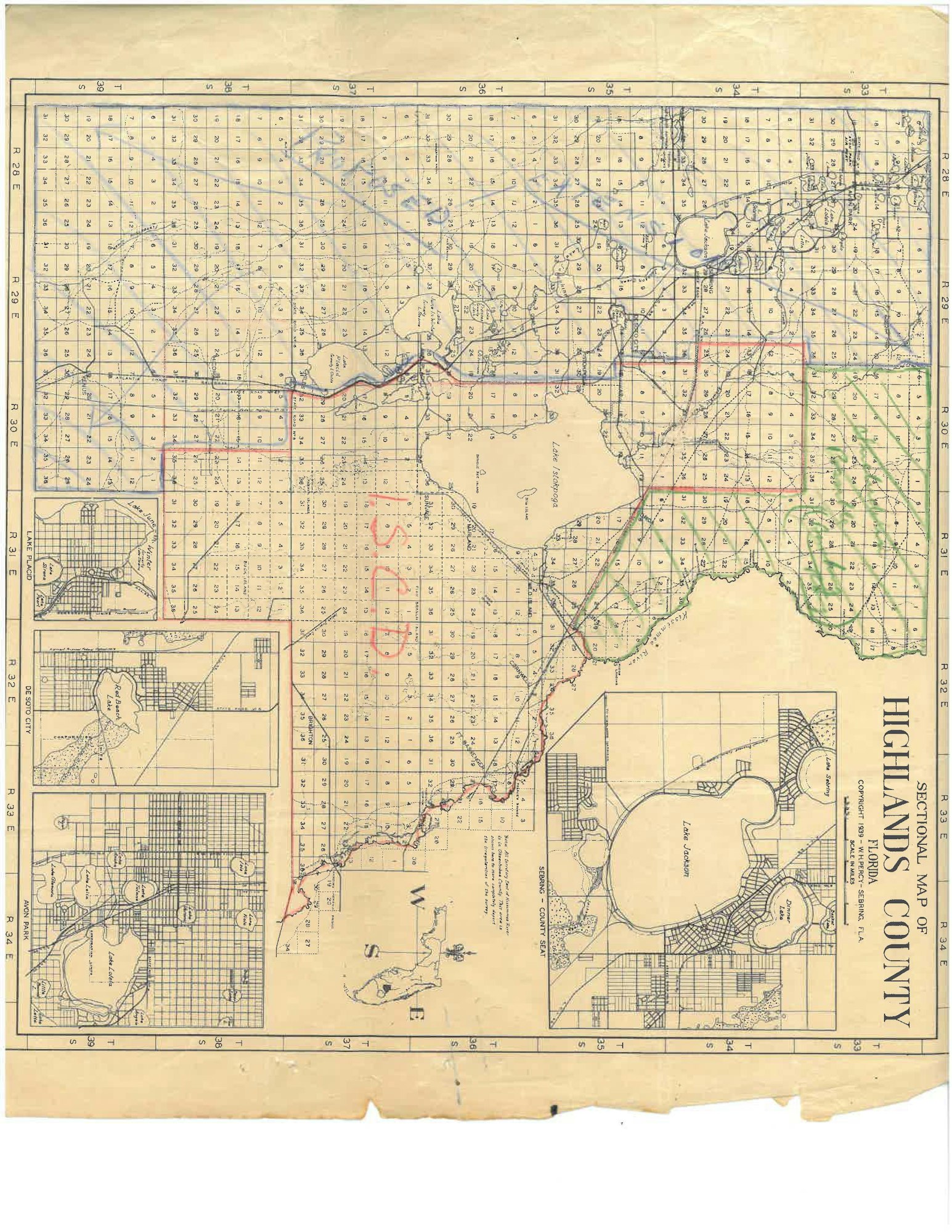 Historic map of Highlands County, Florida with grid lines, lakes, and annotations.