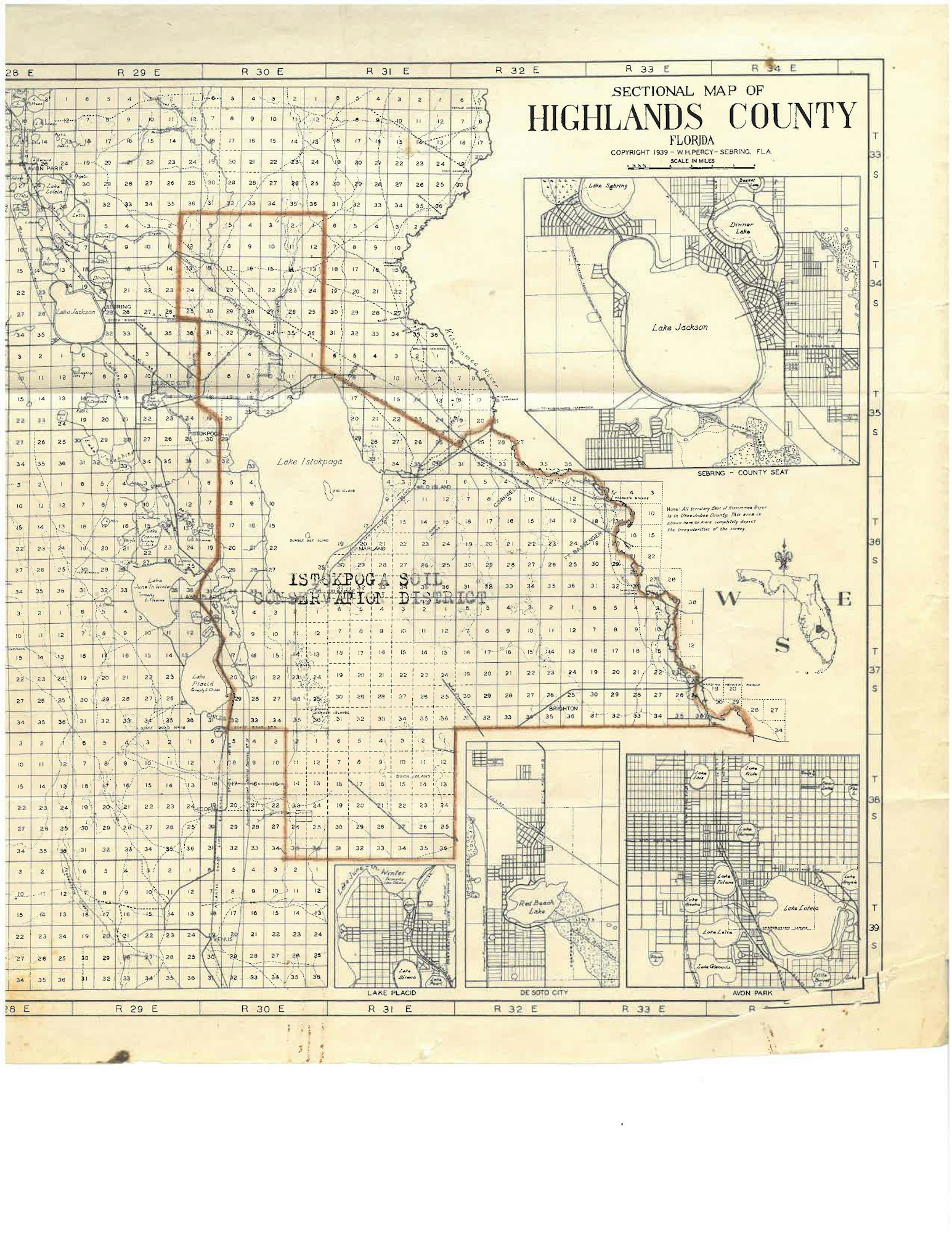 Vintage sectional map of Highlands County, Florida.