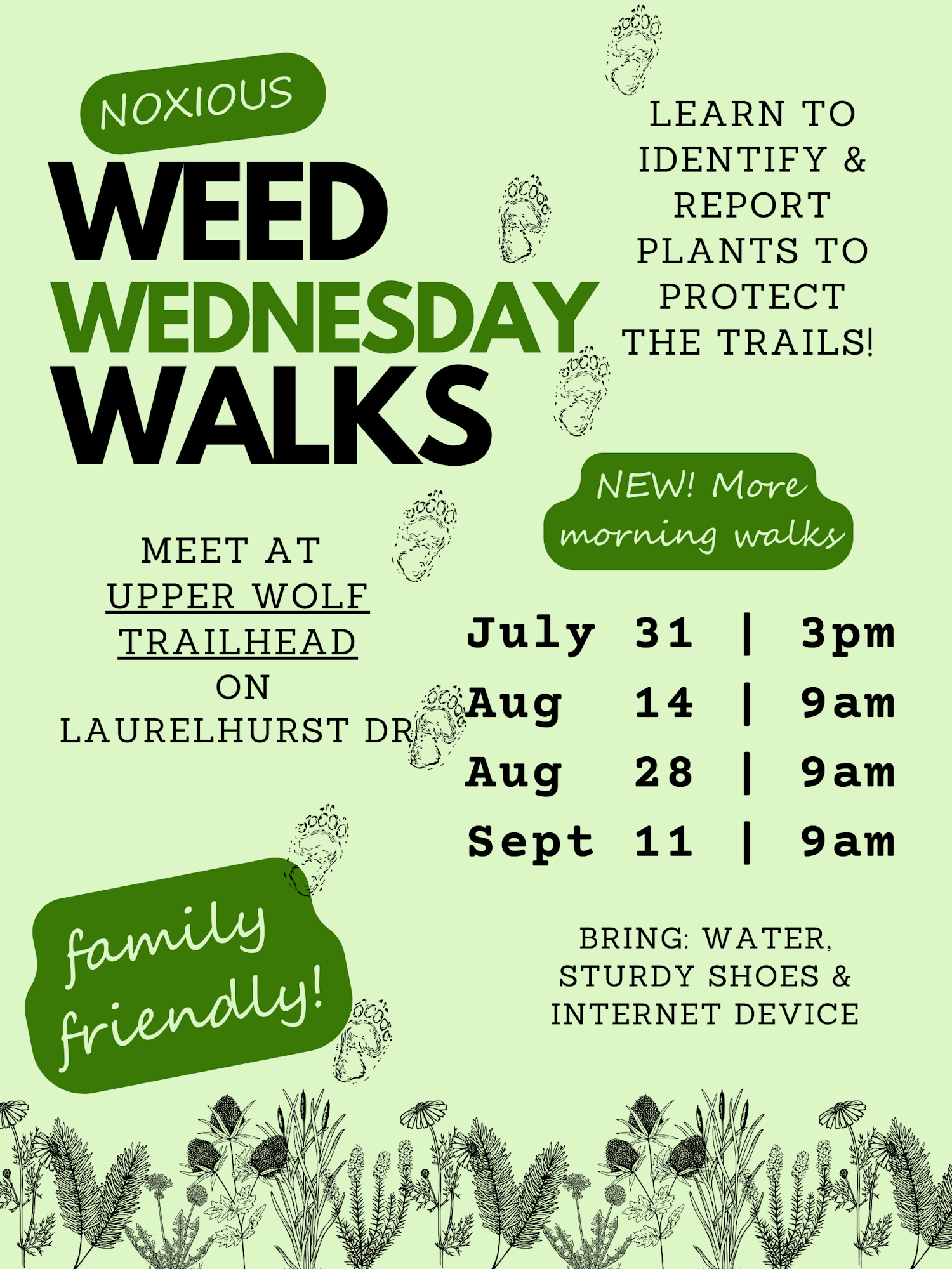 A poster for "Noxious Weed Wednesday Walks," family-friendly events teaching to identify/report plants to protect trails, with dates and instructions.