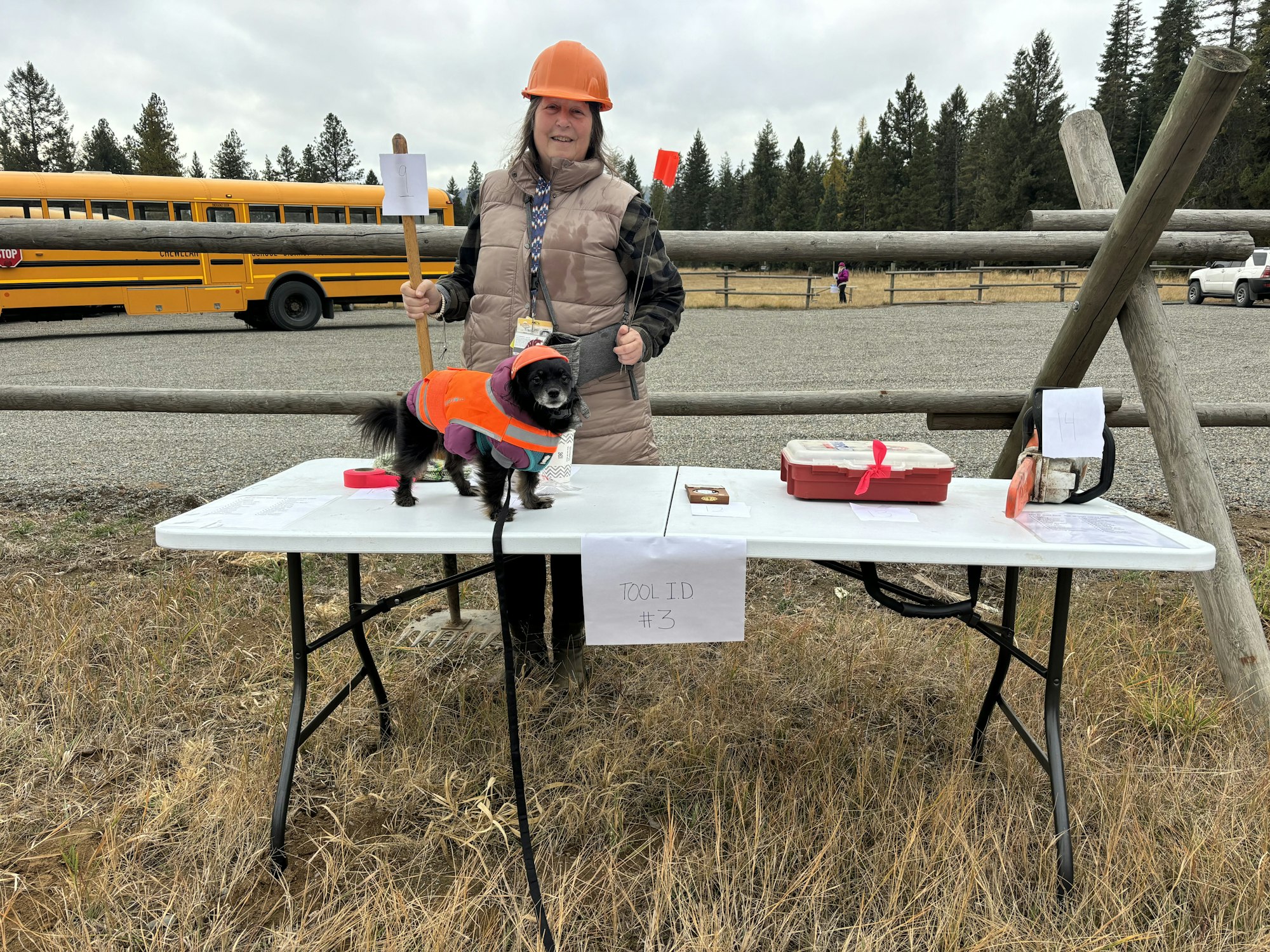 A woman in a hard hat stands behind a table with a small dog in a bright outfit. A school bus and forest are in the background.
