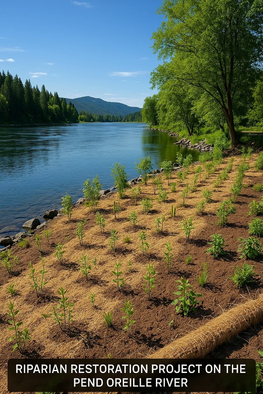 Riparian restoration project with young plants along the Pend Oreille River, surrounded by lush greenery and clear skies.