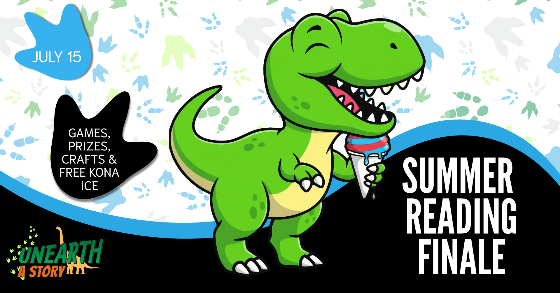 A colorful summer reading finale event on July 15 with games, prizes, crafts, and free Kona ice, featuring a cheerful dinosaur.