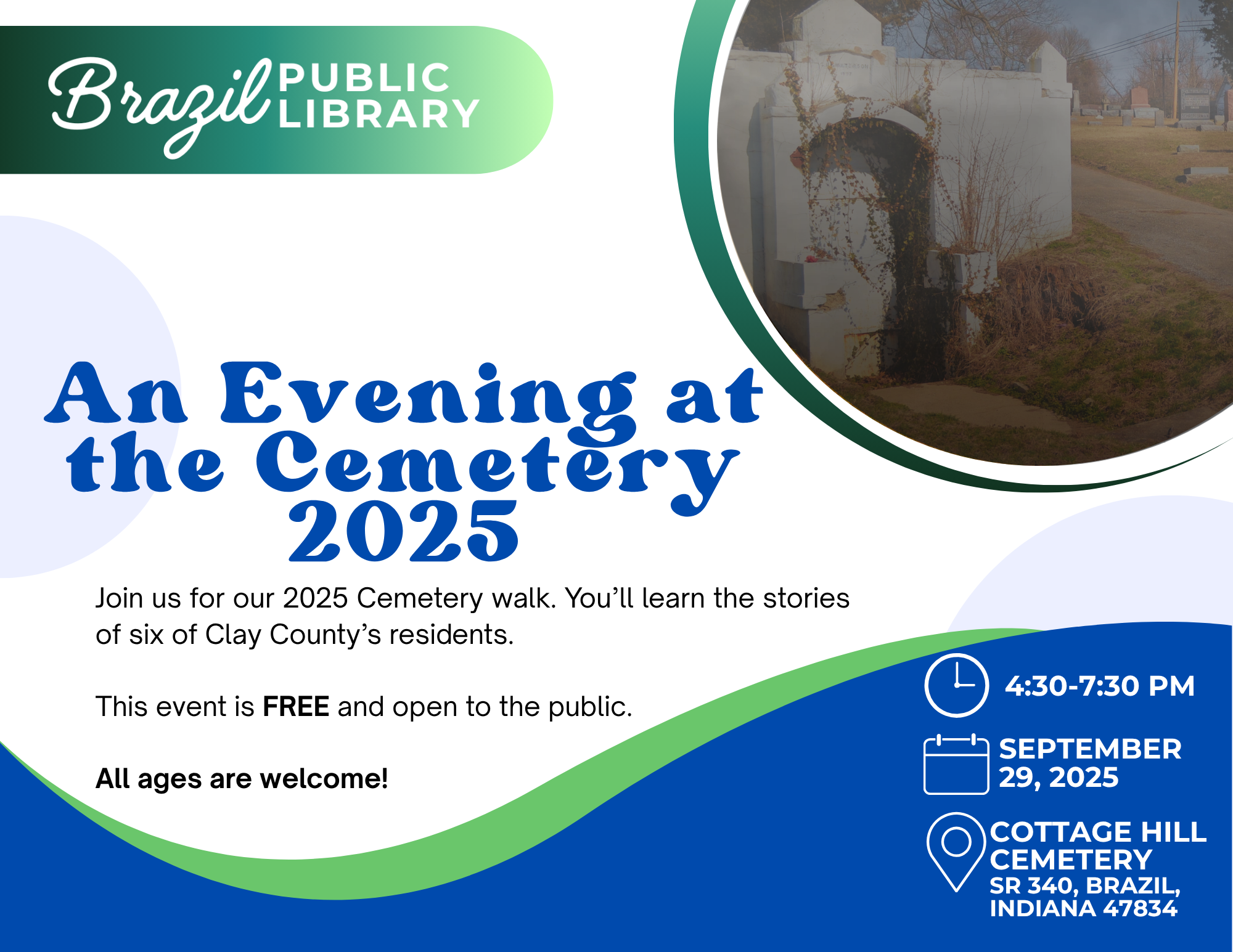 "An Evening at the Cemetery" event by Brazil Public Library, Sep 29, 2025, 4:30-7:30 PM, Cottage Hill Cemetery, free and open to all.