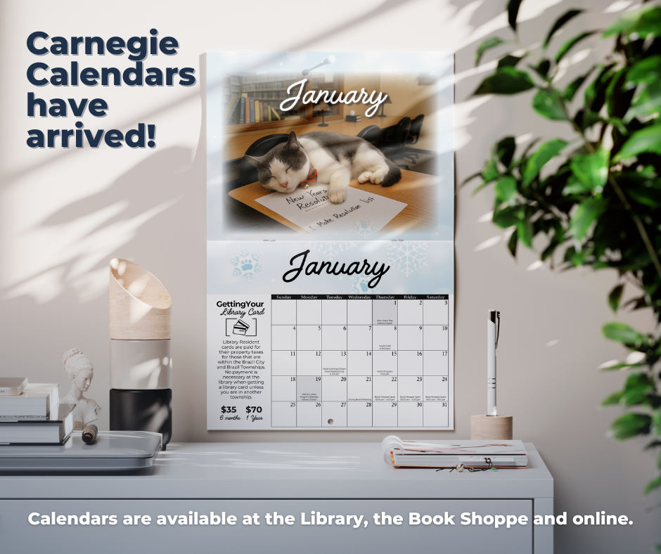 Carnegie Calendars are available for purchase, featuring a cat and a calendar layout for January.