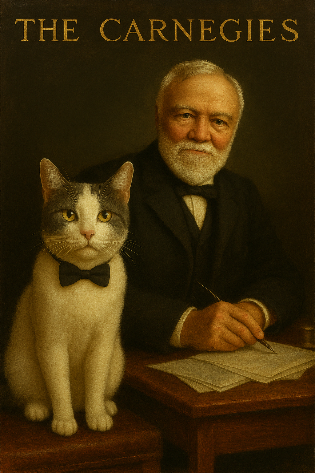 A portrait of a man and a cat both wearing bow ties, with "THE CARNEGIES" written above.