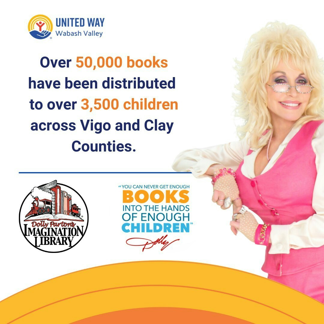 Image promoting book distribution by United Way and Dolly Parton's Imagination Library to children in Vigo and Clay Counties.