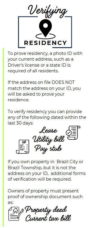 Guidelines for residency verification: ID with address, recent lease, utility bill, pay stub, or property deed/tax bill if address varies.