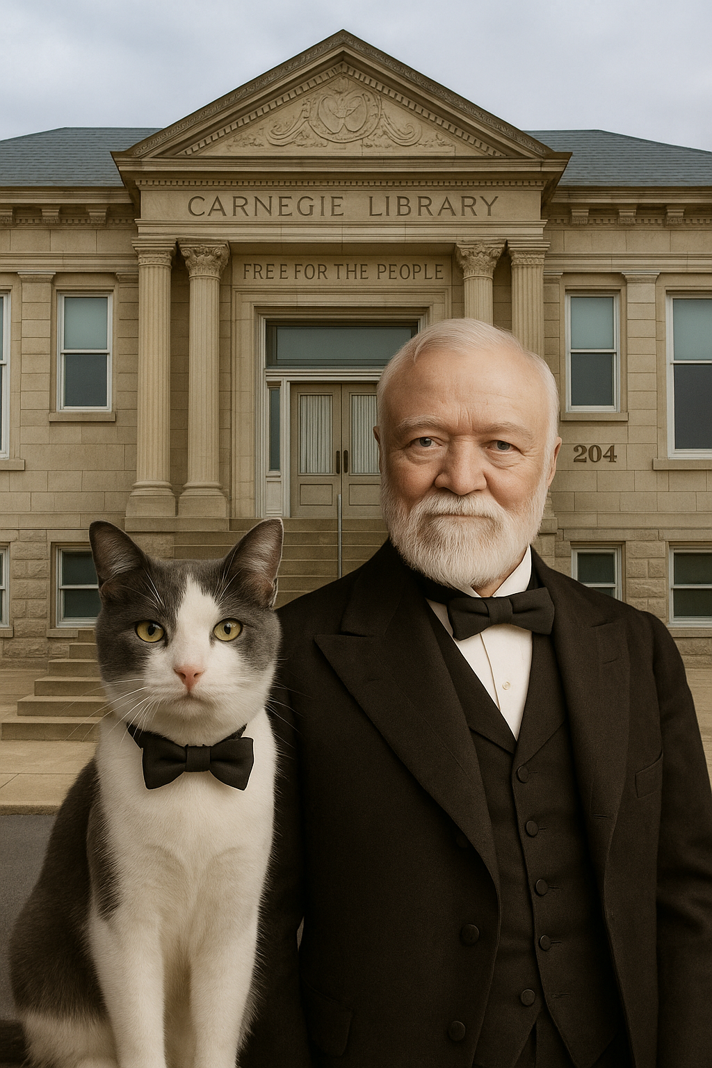 A man and a cat both in tuxedos stand in front of Carnegie Library.