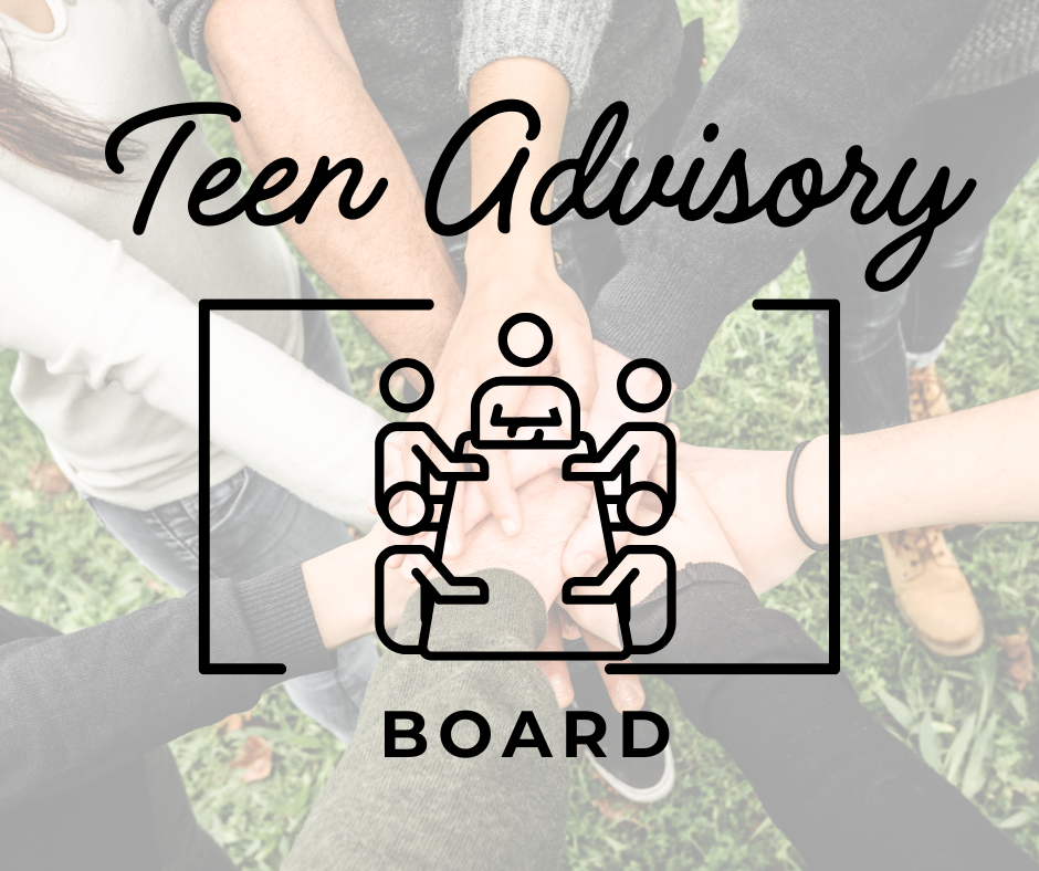 A group of hands joined together, overlayed with "Teen Advisory Board" text and an icon of people around a table.
