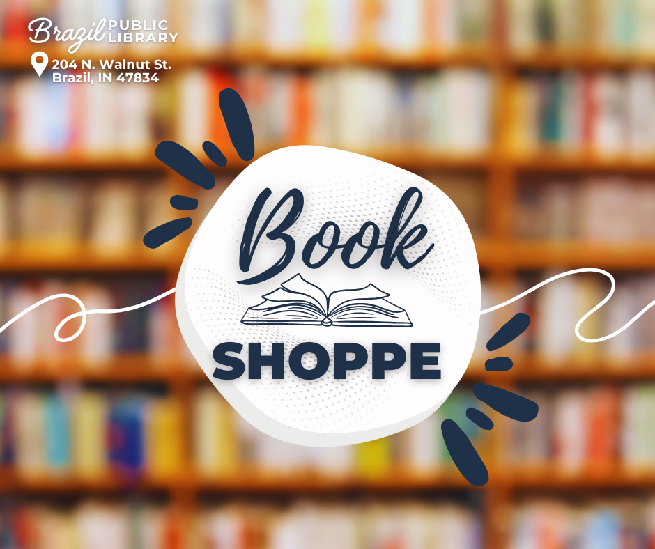 Image features a design for a "Book Shoppe" event at the Brazil Public Library, with a background of bookshelves.
