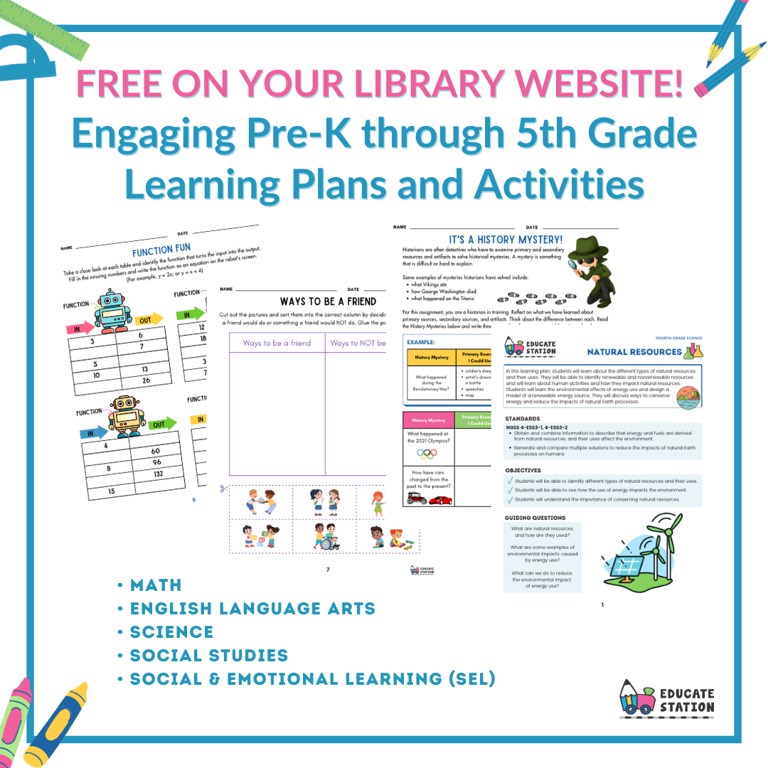 The image promotes free Pre-K to 5th grade learning plans, featuring activities in math, language arts, science, social studies, and SEL.
