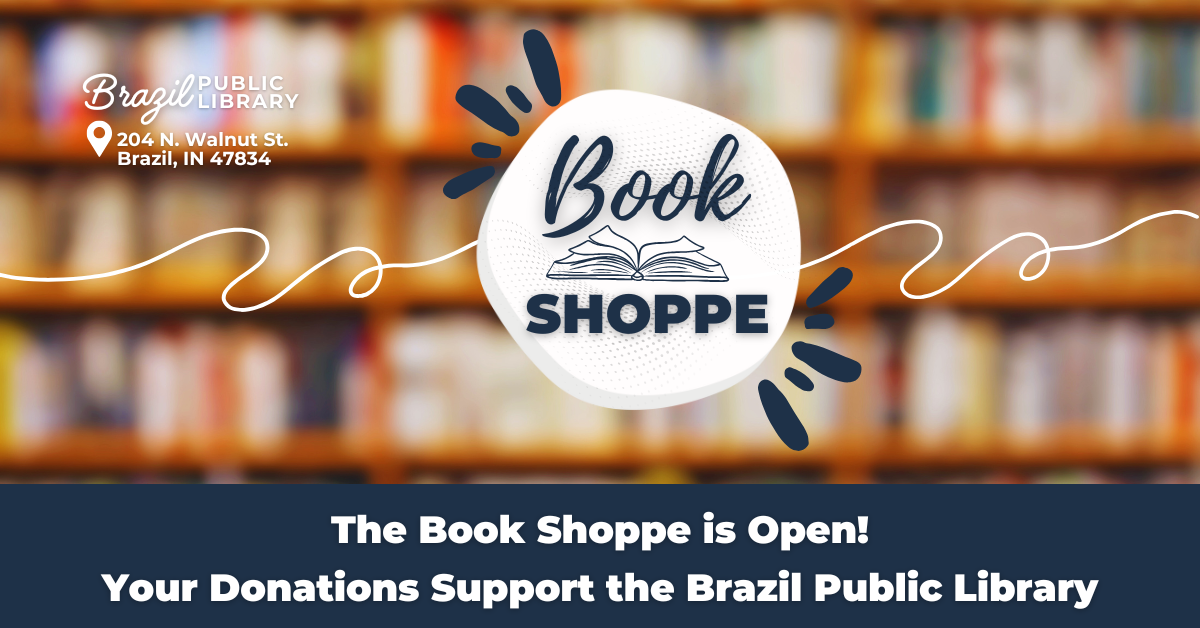 The image promotes the Book Shoppe at the Brazil Public Library, encouraging donations to support the library.
