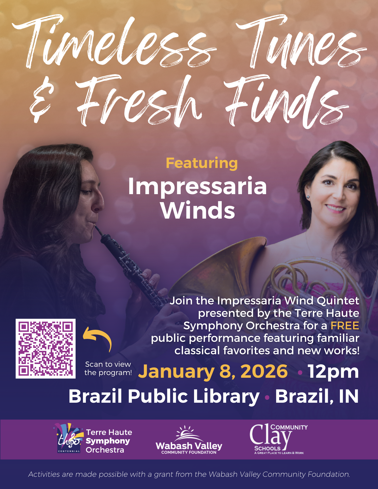 Free concert featuring Impressaria Winds on January 8, 2026, at Brazil Public Library, presented by Terre Haute Symphony Orchestra.