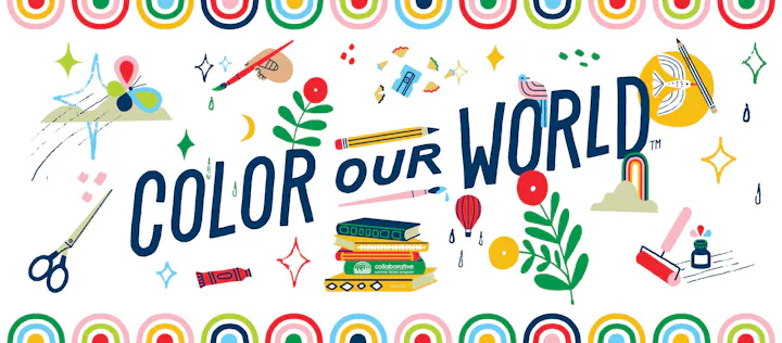 Colorful design with “Color Our World” text, featuring art supplies, books, leaves, stars, and a rainbow border.