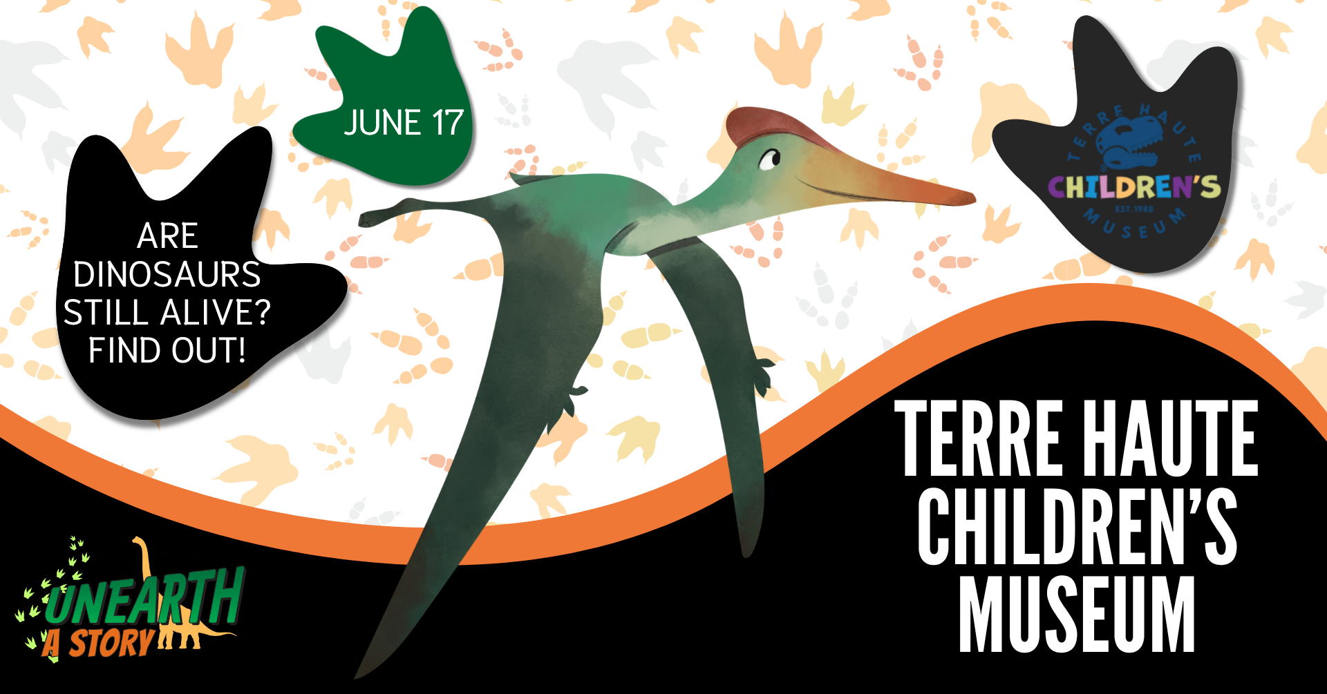 Promotional graphic for the Terre Haute Children's Museum event on June 17, exploring if dinosaurs are still alive.