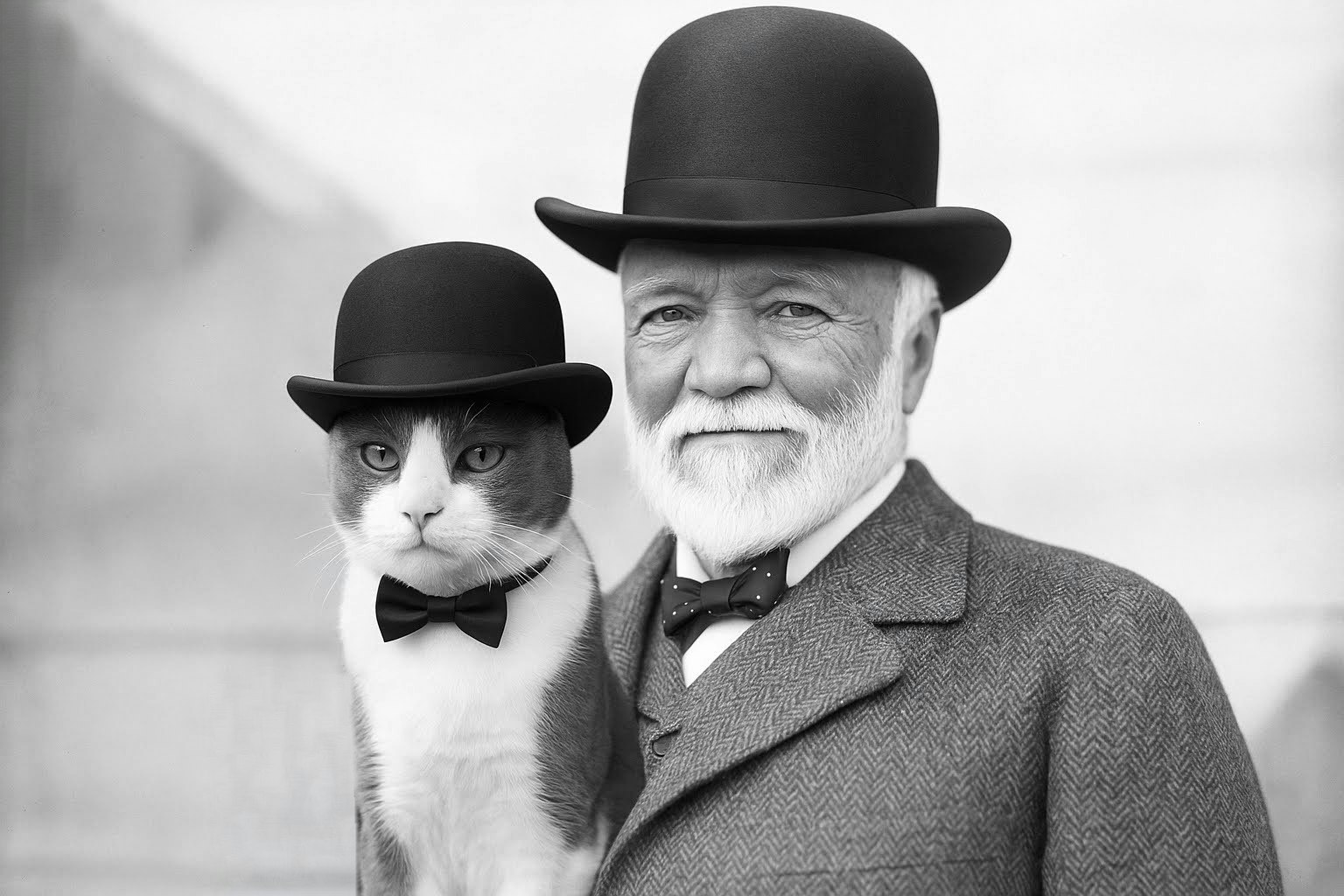 Cat and man in bowler hats and bow ties, both dressed formally.