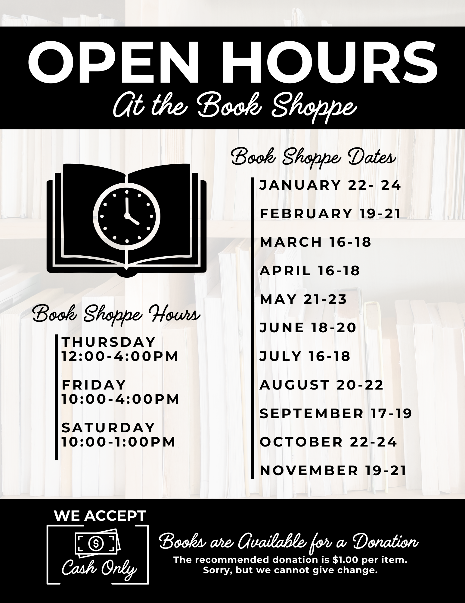 The image details open hours and dates for a book shoppe, along with donation info and cash-only policy.