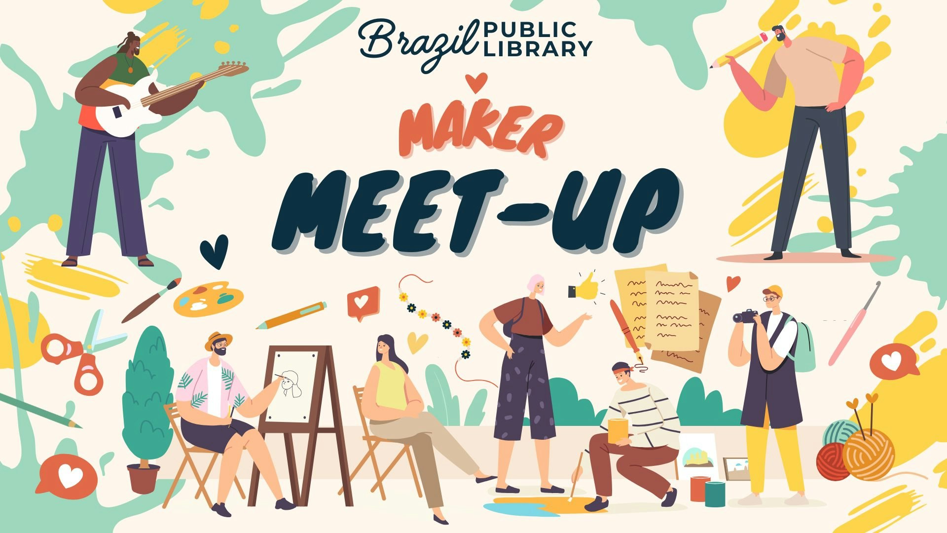 Illustration of people engaged in creative activities with text "Brazil Public Library Maker Meet-Up."