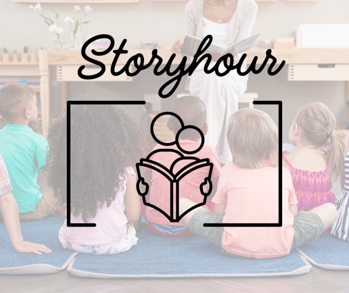 Kids sitting on the floor for a story hour, with "Storyhour" and a book logo overlay.
