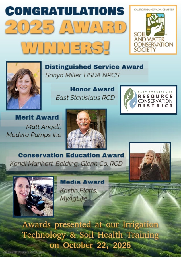 The image lists the 2025 award winners for the California-Nevada Chapter of the Soil and Water Conservation Society, including various awardees.