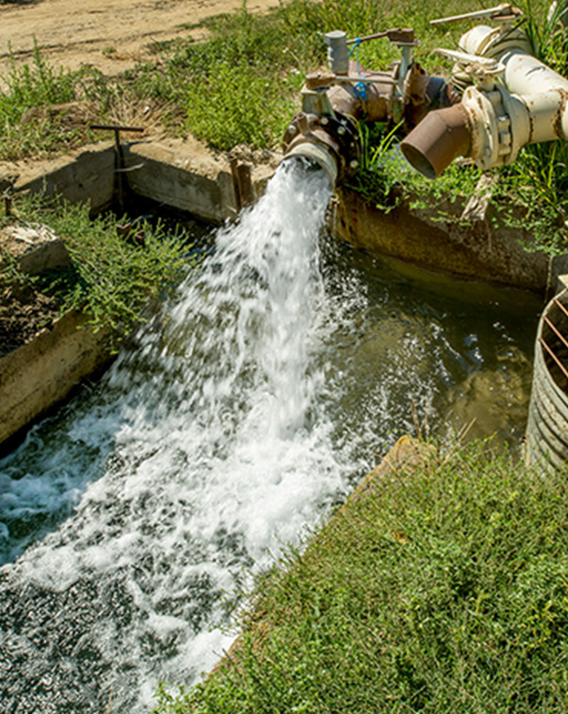 Water flowing from a large pipe into a concrete channel surrounded by grass and vegetation.