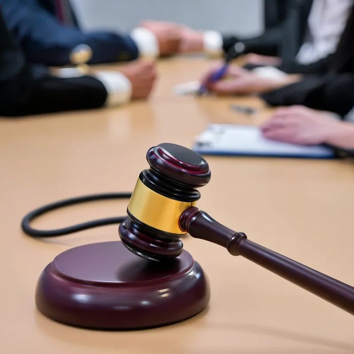 A judge's gavel on desk with blurred people in background, suggesting a court or legal setting.