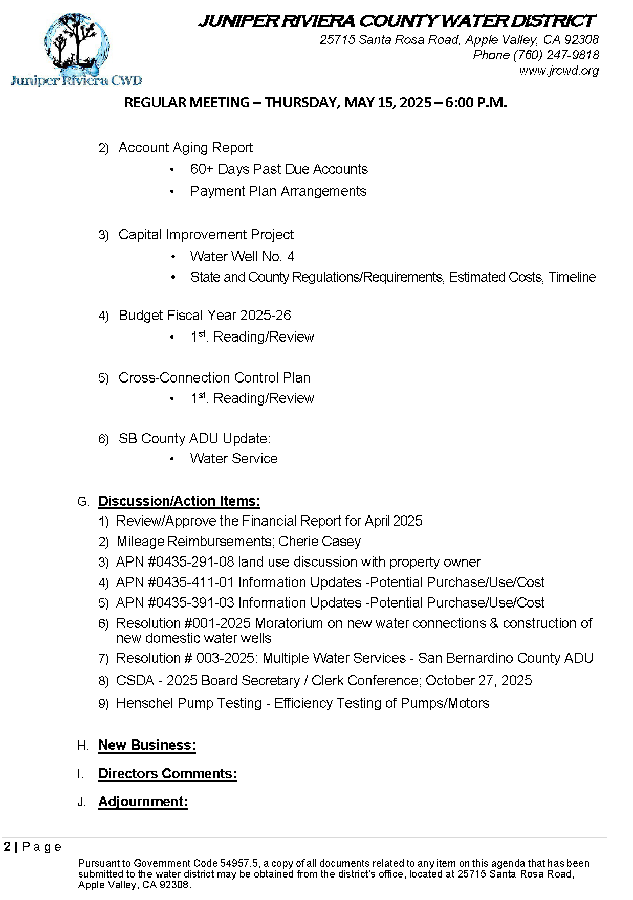 Meeting agenda for Juniper Riviera County Water District on May 15, 2025, covering reports, projects, budget, and discussion items.
