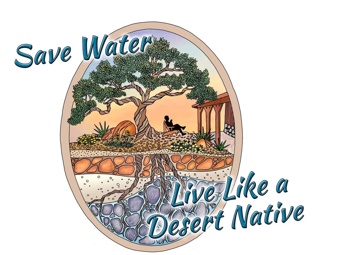 Illustration of a desert landscape with a tree, sunset, and silhouette of a person; words "Save Water Live Like a Desert Native."