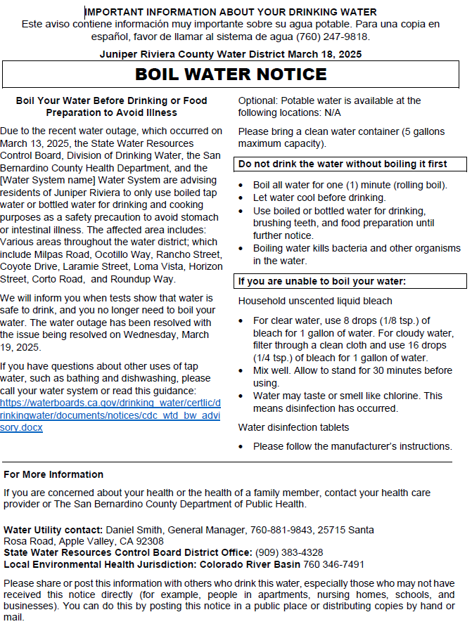 Boil water notice due to water outage in Juniper Riviera; boil or use bottled water for safety until March 19. Options if boiling isn’t possible.