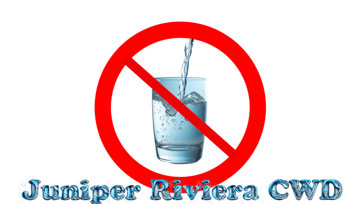 A glass of water with a red prohibition symbol over it, labeled "Juniper Riviera CWD."