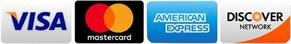Logos of four credit card companies: Visa, Mastercard, American Express, and Discover Network.