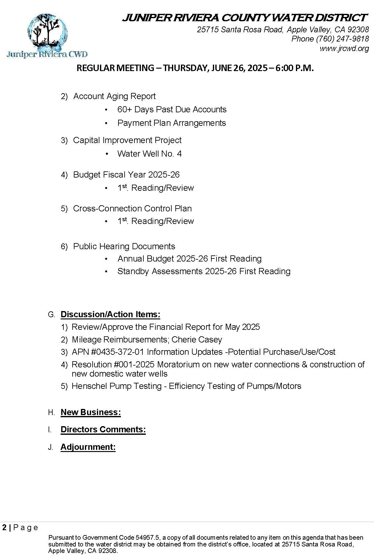 Meeting agenda for Juniper Riviera County Water District on June 26, 2025, covering reports, projects, budgets, and discussions.