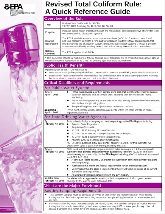 EPA Revised Total Coliform Rule guide with details on purpose, benefits, deadlines, and sampling requirements for public water systems.