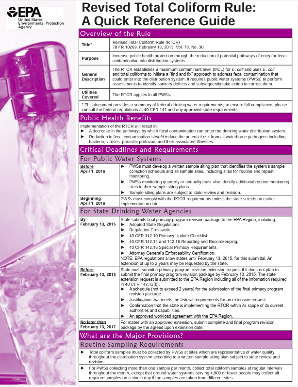 EPA Revised Total Coliform Rule guide with details on purpose, benefits, deadlines, and sampling requirements for public water systems.