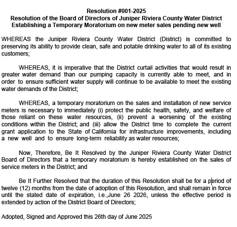 Resolution 001-2025: Juniper Riviera County Water District temporarily halts new meter sales for 12 months to ensure water reliability.