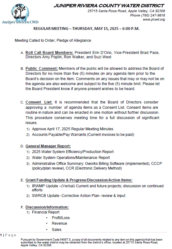 Agenda for Juniper Riviera Water District meeting on May 15, 2025, including roll call, public comments, reports, and discussion items.