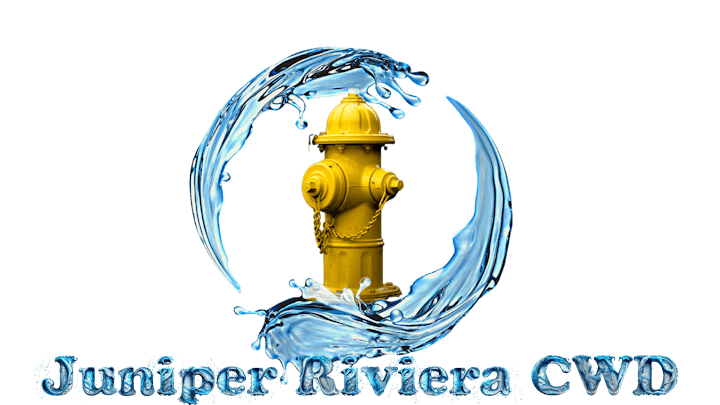 A yellow fire hydrant surrounded by a splash of water with the text "Juniper Riviera CWD" at the bottom.