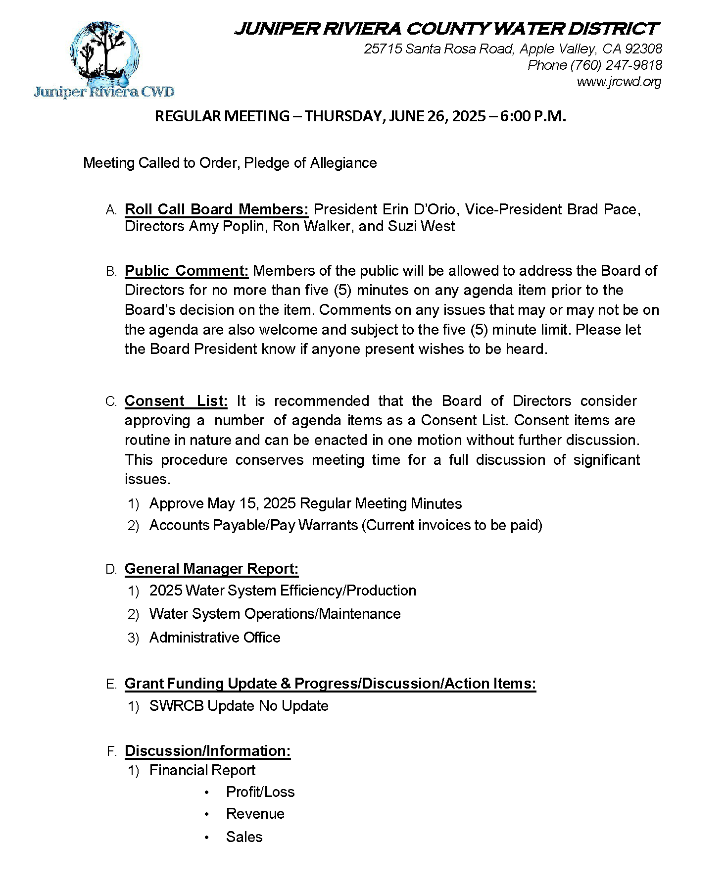 Juniper Riviera County Water District agenda for June 26, 2025, covering public comment, consent list, reports, and financial discussion.