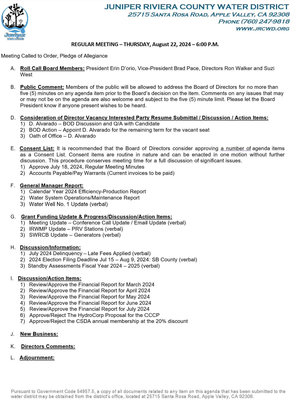 Document showing an agenda for a Juniper Riviera County Water District meeting scheduled for August 22, 2024.