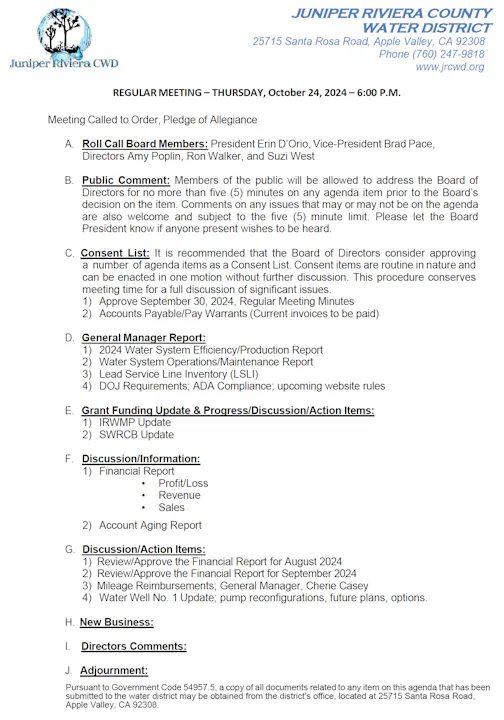 An agenda for Juniper Riviera County Water District's regular meeting scheduled for October 24, 2024.