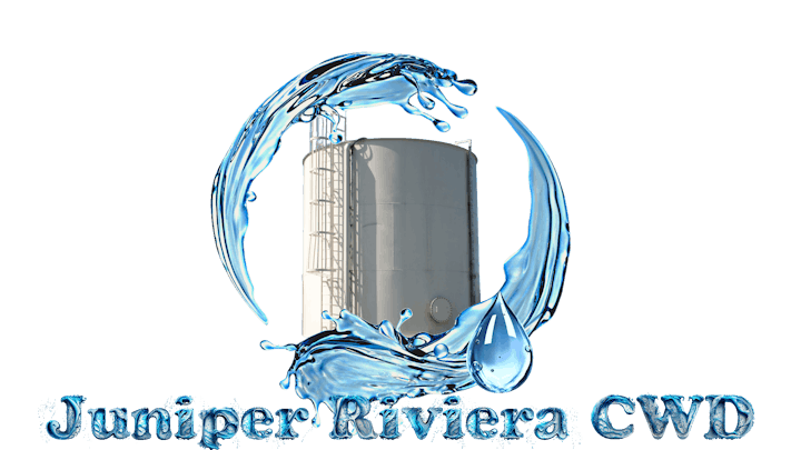 A water tank with a blue splash design, labeled "Juniper Riviera CWD."