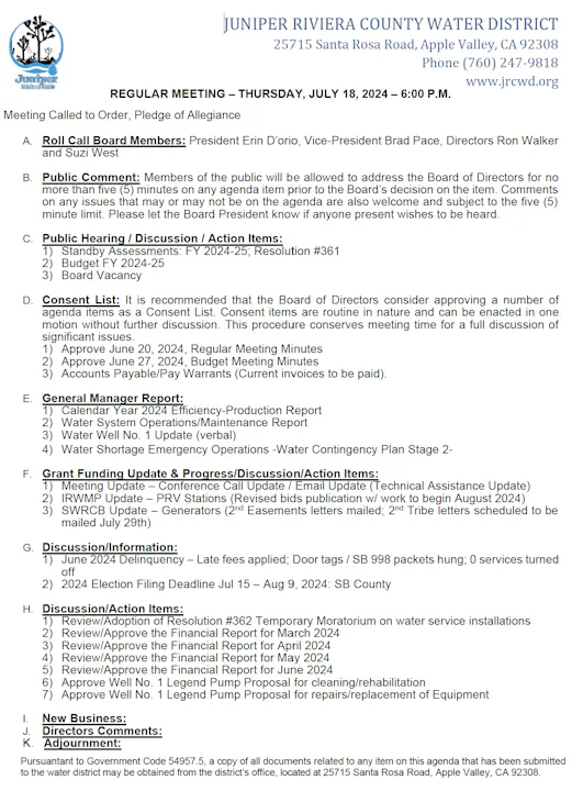 An agenda for a water district regular meeting outlining discussion items, action items, and reports.
