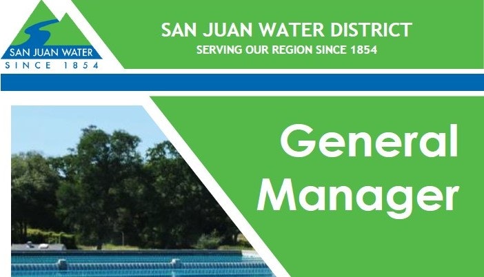 San Juan Water District, logo, a pool, trees, and "General Manager" text on a green background.