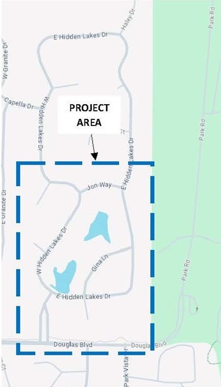 A map highlighting a "PROJECT AREA" with a dashed blue line surrounding a specific region.