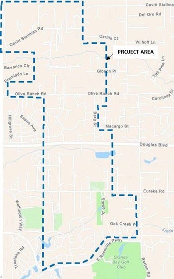 Map showing a project area delineated by a dashed line with streets and landmarks, like a golf club, labeled.