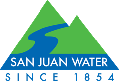 A logo of San Juan Water with mountains, a river, and "Since 1854."